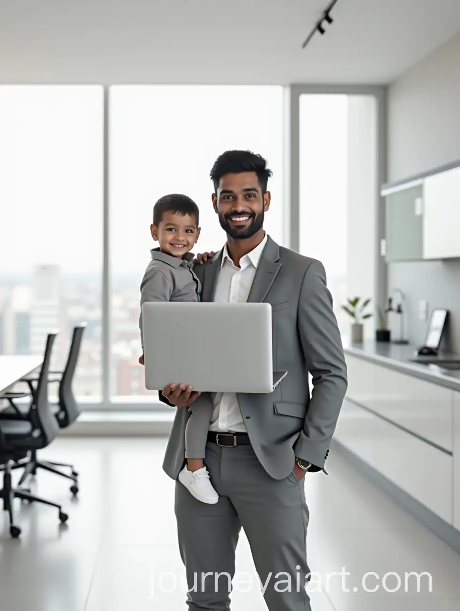 Indian-Man-in-Smart-Casual-Attire-Holding-Laptop-and-Child-in-a-Modern-Office-Setting