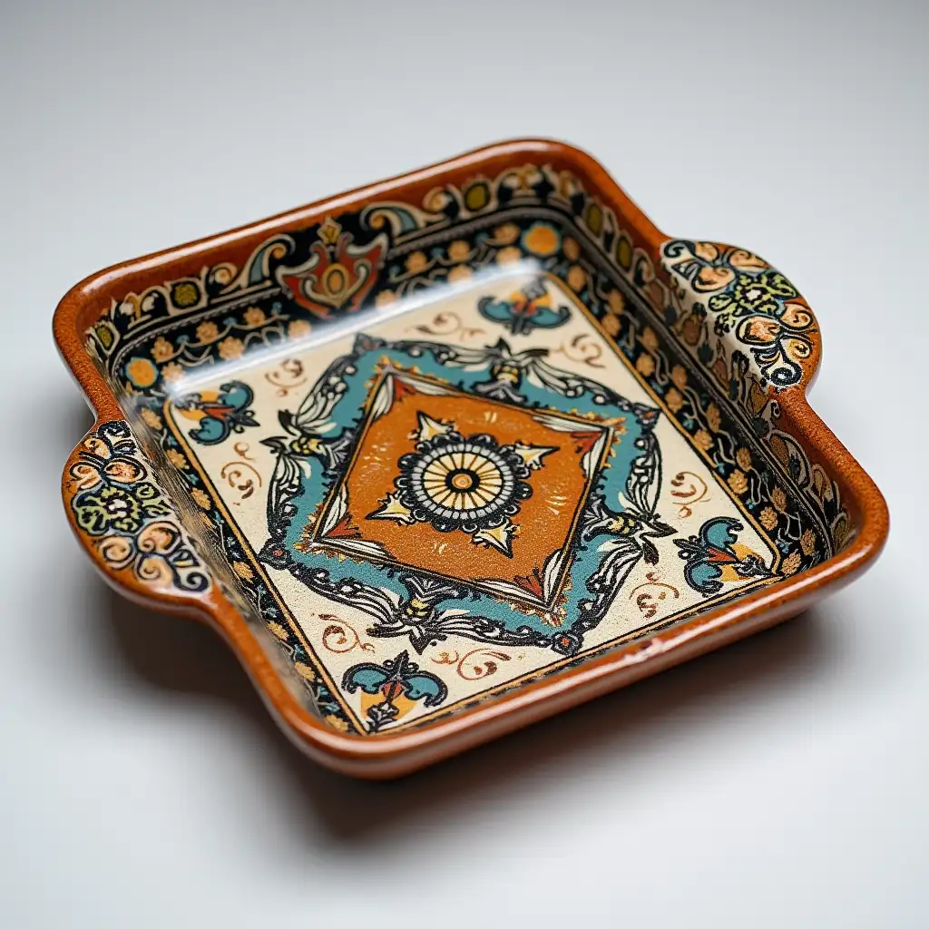 Square with rounded corners ceramic serving dish withe embossed beautiful handle, antique and old, Qajar art, Iranian Tabriz carpet design