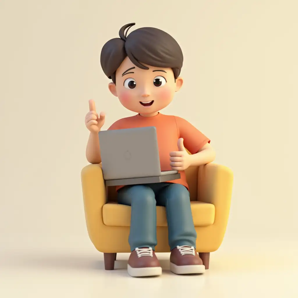 3d Cartoon Person,using laptop,one hand say thumbs up,sitting on chair