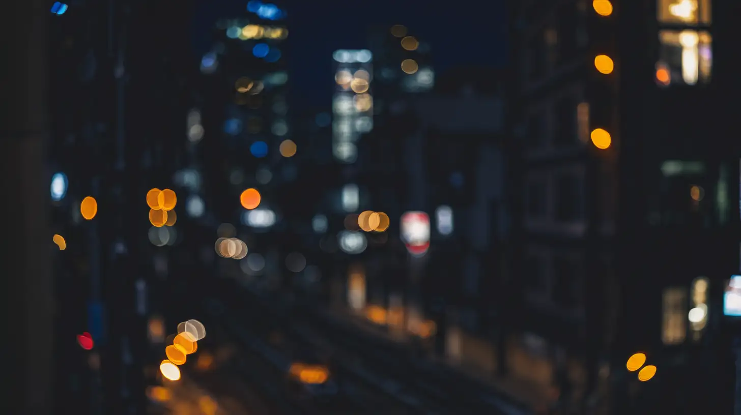 Night Cityscape with Small Bokeh Lights in Dark Blue Hue