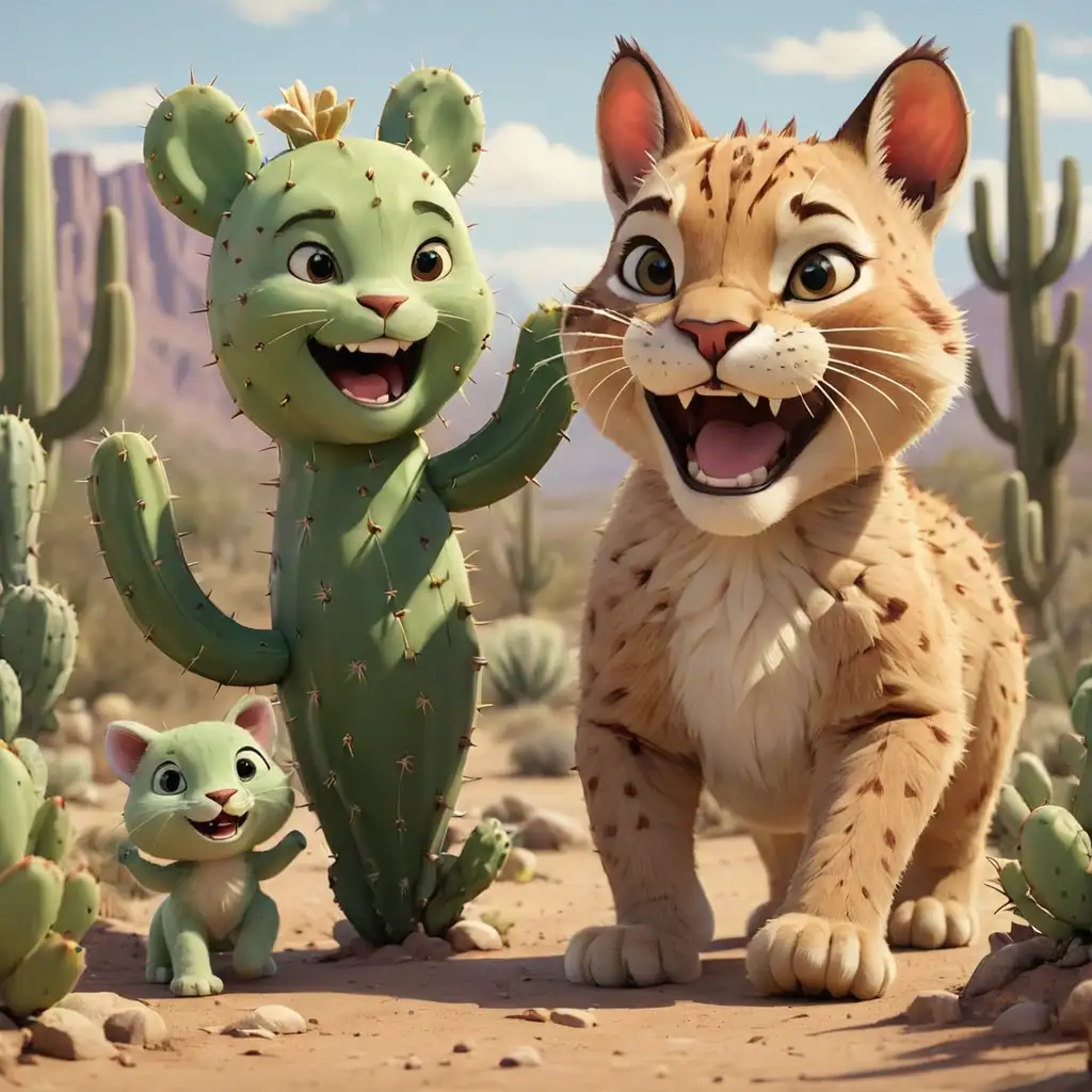 Cheerful Cartoon Cactus Walking with Puma