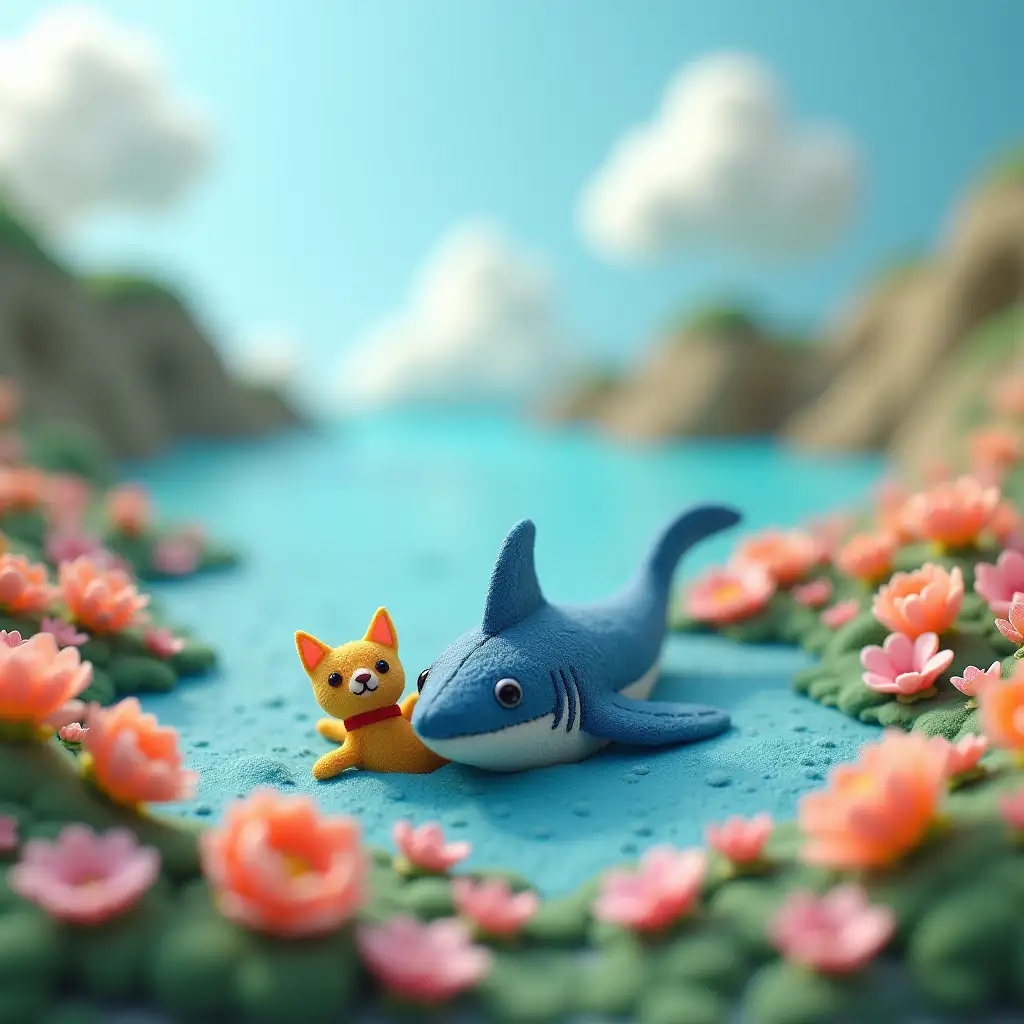 Cute-Cat-and-Shark-in-a-Dreamy-Flower-Sea