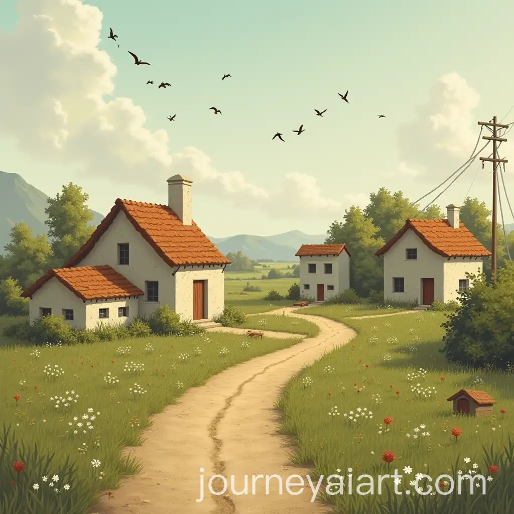 Quaint-Village-with-Birds-in-Tranquil-Setting