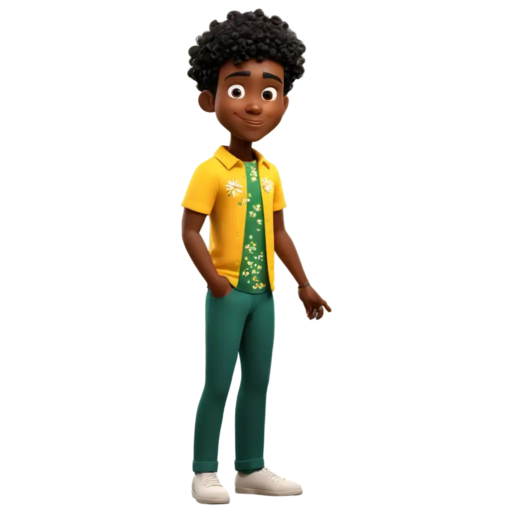 PNG-Cartoon-Character-Man-with-Brown-Skin-Tone-and-Black-Curly-Hair-in-Green-Bathik-Shirt