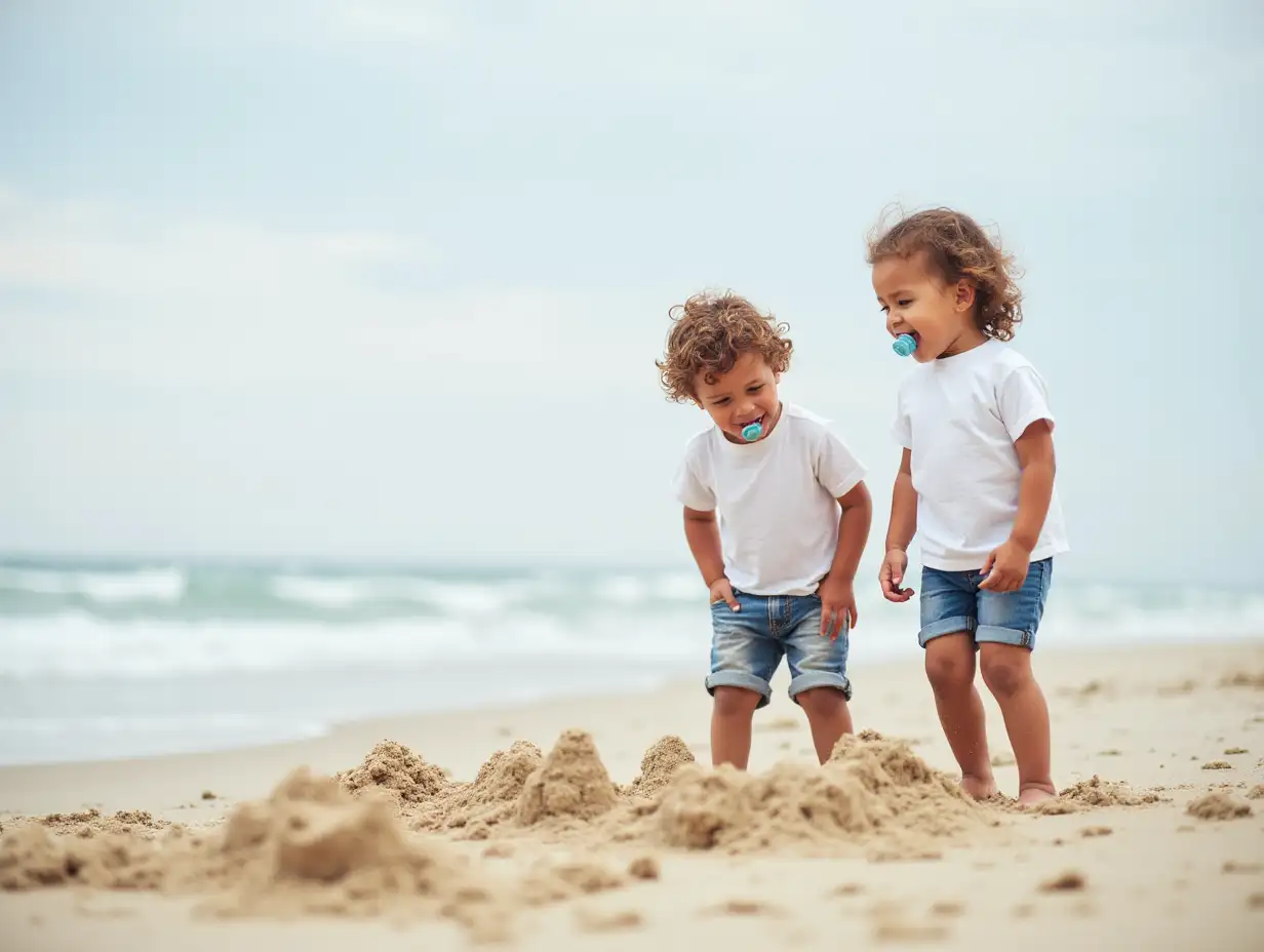 Seven year old twins boy and girl wearing t-shirt and shorts at the beach building sandcastles smiling standing pacifier in mouth