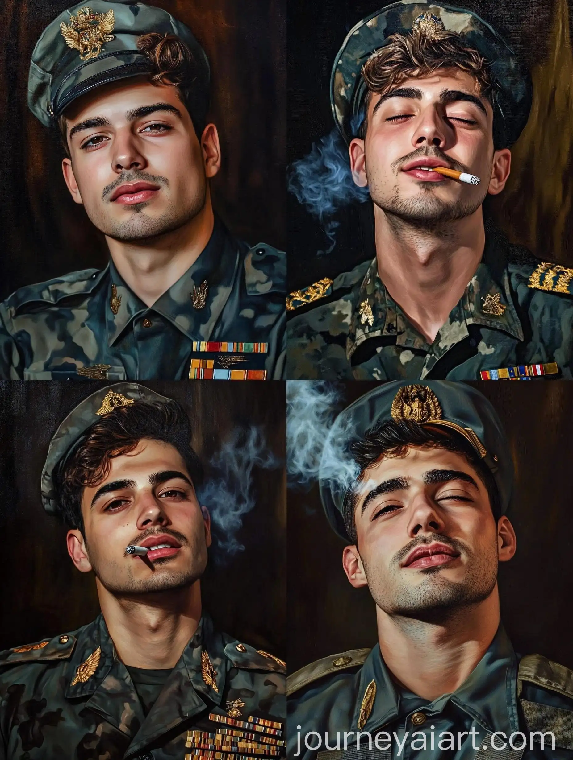 Young-Man-in-Military-Olive-Shirt-Smoking-Cigarette