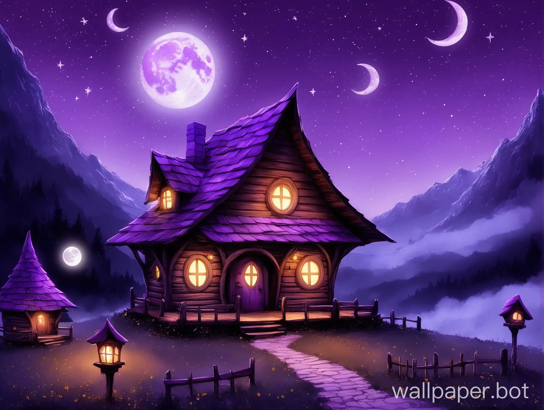 a purple sky witch 3 moons and a little chalet
