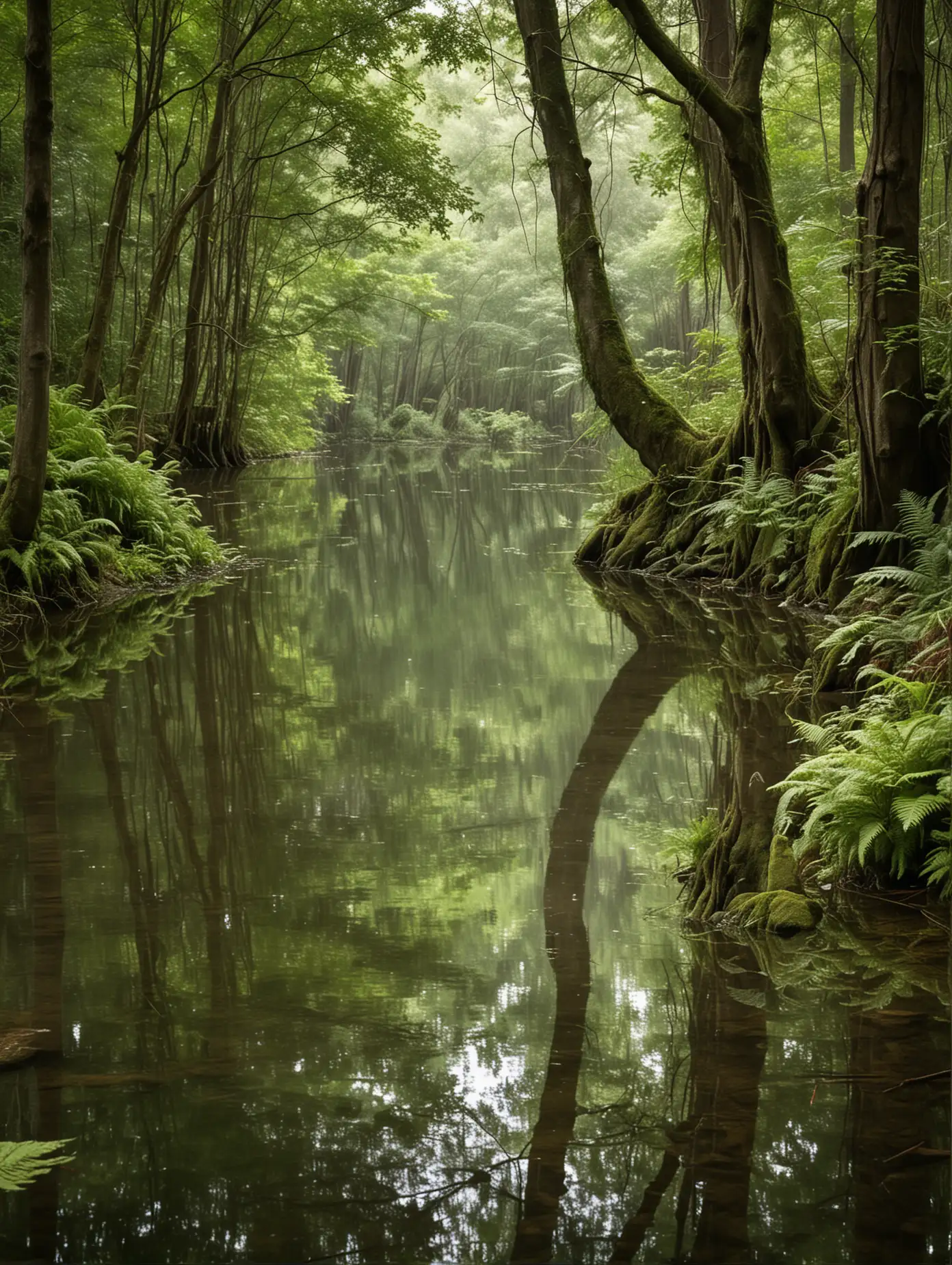 Tranquil forest scene, tranquil water reflection. Lush green trees, various shades, and a serene body of water form a perfect composition.  A large, prominent tree trunk extends vertically, its branches stretching towards the sky.  Soft, diffused natural light bathes the entire landscape, creating a peaceful atmosphere.  Reflections of the trees and foliage are clearly visible on the still water surface, adding depth and symmetry to the image.  Muted greens, deep browns, and hints of gray in the sky create a calming color palette.  The ground is covered with a mix of vibrant green vegetation, especially ferns, with a hint of earthy tones around the water's edge.  The perspective is slightly low, focusing on the water's edge and the reflections, emphasizing the tranquility and serenity.  Natural, diffused light.  Peaceful, contemplative mood.  Detailed reflection,  soft focus, natural composition, peaceful forest, natural light, serene.  Tranquil landscape, nature.