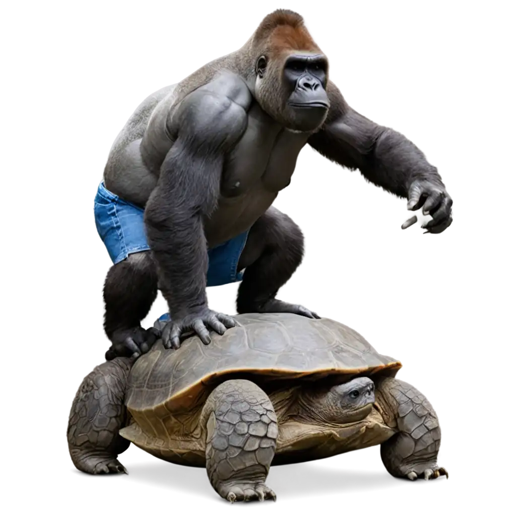 A-Gorilla-in-Blue-Jean-Shorts-Riding-on-a-Turtle-HighQuality-PNG-Image-for-Unique-Visual-Appeal