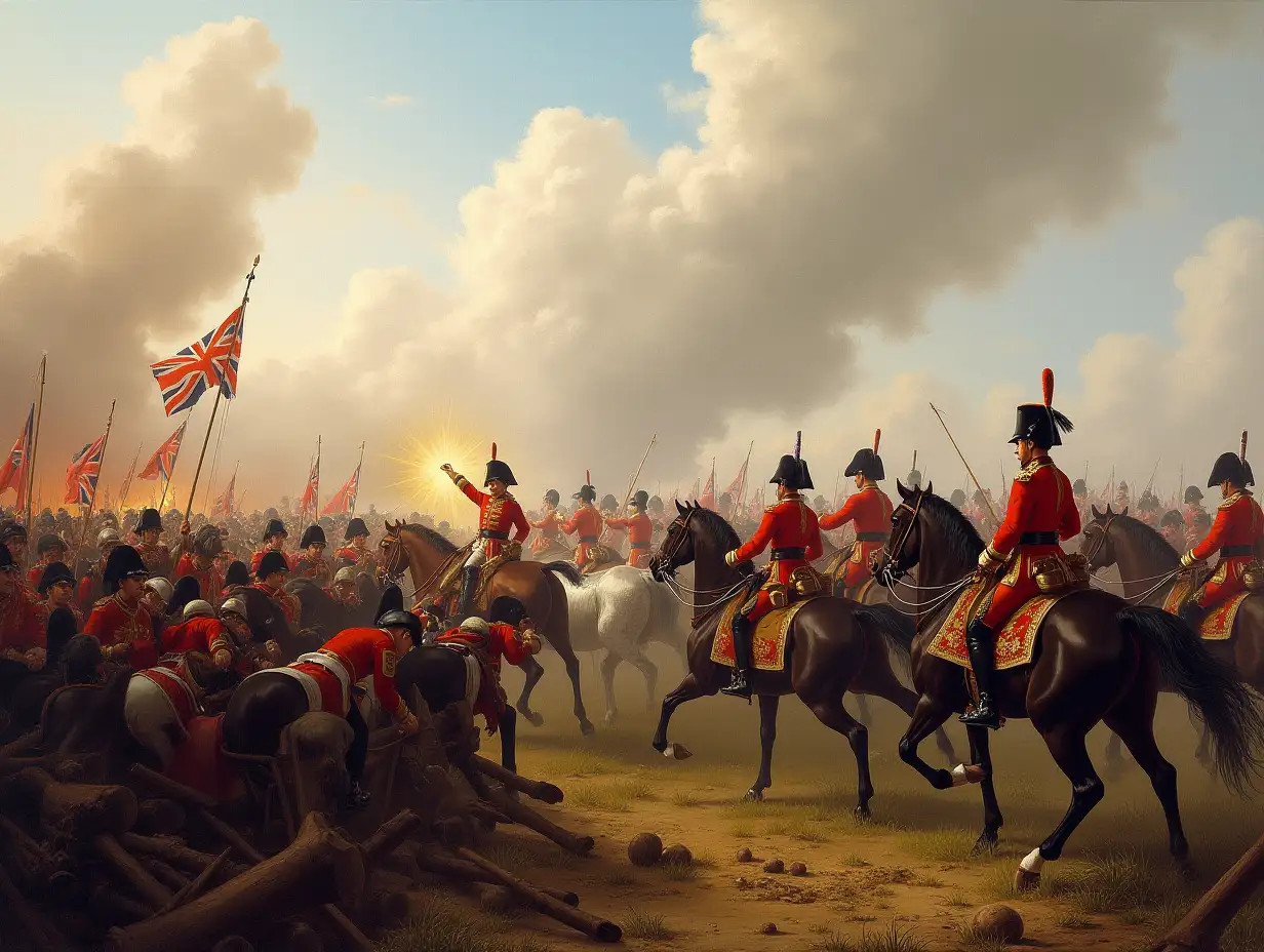 A chaotic battlefield scene with British redcoats and allied forces clashing against Napoleon’s army. Cannons fire, cavalry charge, and Duke of Wellington commands from horseback, capturing the intensity of the decisive battle.