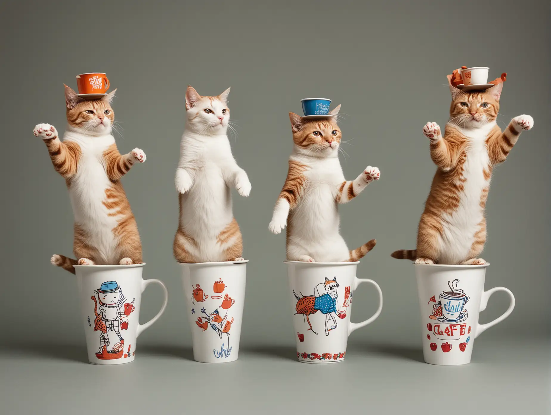 Playful Cats Balancing Coffee Cups in Dance