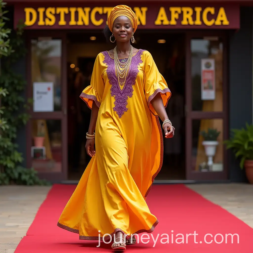 Graceful-African-Woman-in-Traditional-Yellow-Dress-on-Red-Carpet-in-Front-of-Distinction-Africa-Store