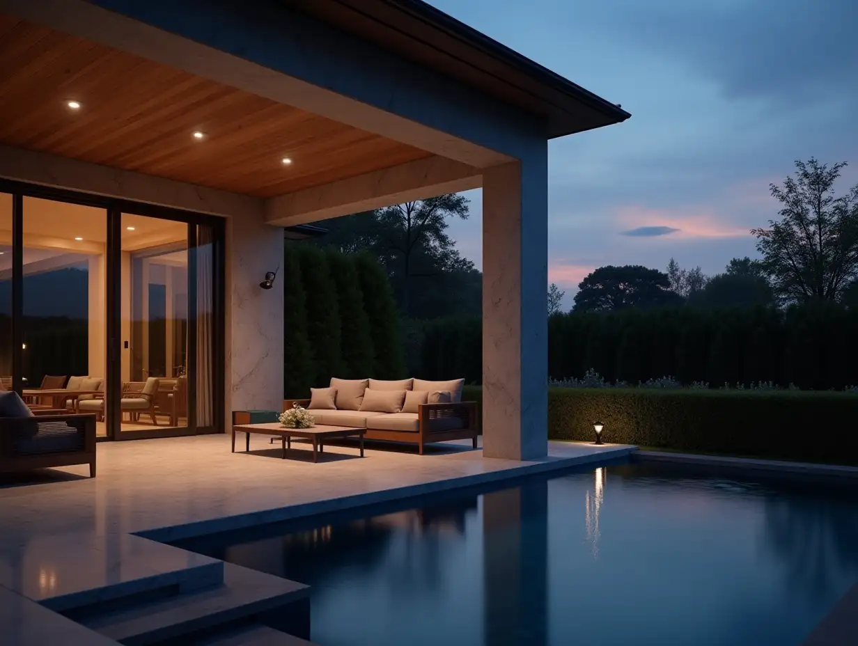 twilight, marble modern country house, close-up veranda, sofa, table, spotlight, garden bushes in the background