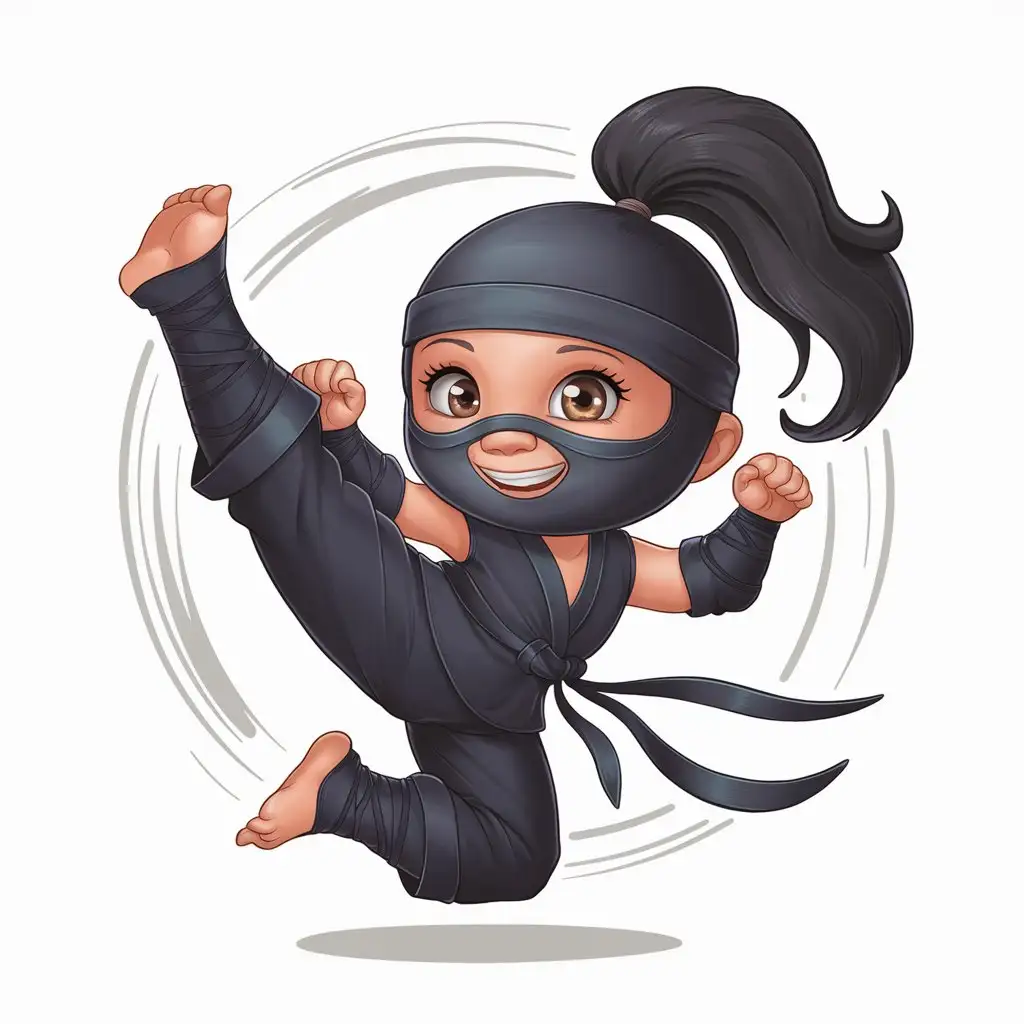 Smiling Ninja Girl Performing Flying Kick