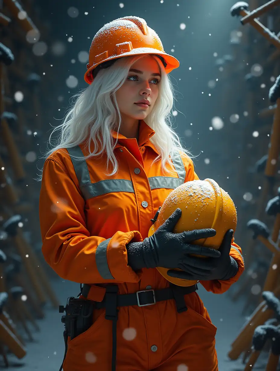 white hair, highly detailed girl, easygoing, affectionate, enthusiastic, intricately detailed illumination, surrealistic, abstract, dark night. The scene is with hammers, helmets, saws, pickaxes, drills, and other tools. This realistic photograph reveals a elegant woman in her work white orange uniform. It is winter, with snow falling around her.. The image is exceptionally high-quality, with sharp details and vibrant colors that truly bring the subject to life. This mesmerizing image conveys her beauty and strength, making her appear both fragile and powerful. The scene comes alive with vibrant colors and intricate details, creating a realistic and captivating painting that exudes a sense of grace and hard work. Every stroke and color choice enhances the intricate depiction of this captivating subject, demonstrating the artist’s skill and dedication to his craft.