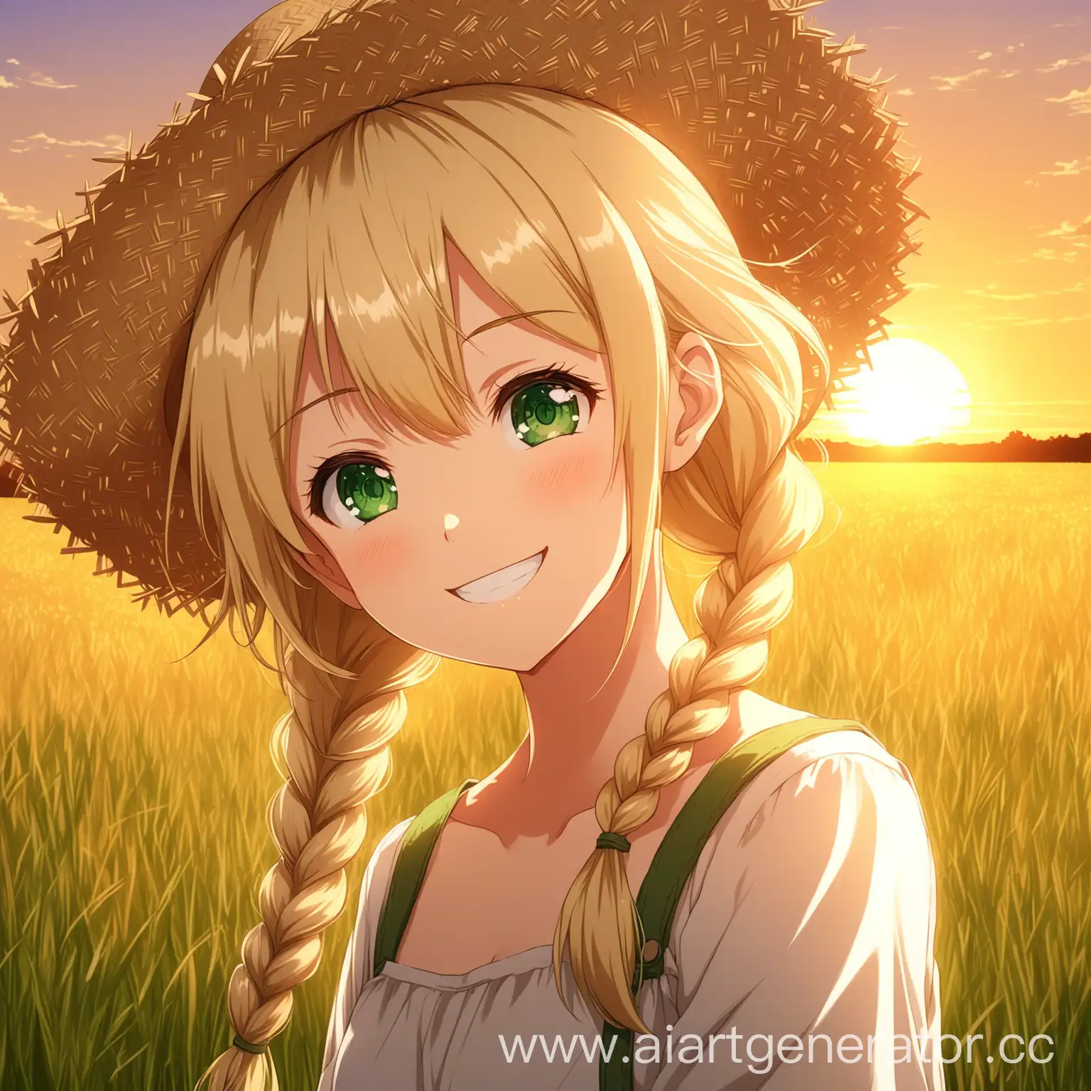 Anime-Girl-with-Braid-and-Straw-Hat-Smiling-in-Sunset-Field