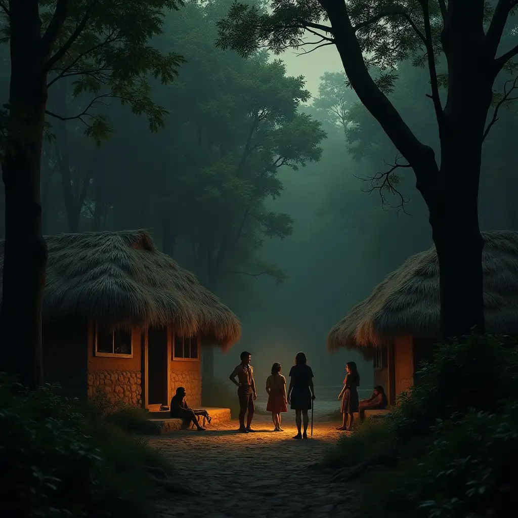 Fugitive-Scientists-Meeting-Surviving-Tribe-in-Dark-Forest-with-Clay-Houses