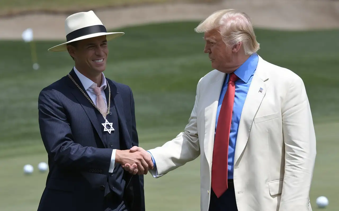 Paul Walker wearing a 3 piece suit , shaved head and a cream white fedora, chain with star of david around his neck, shaking Donald Trump's hand , on a golfcourse