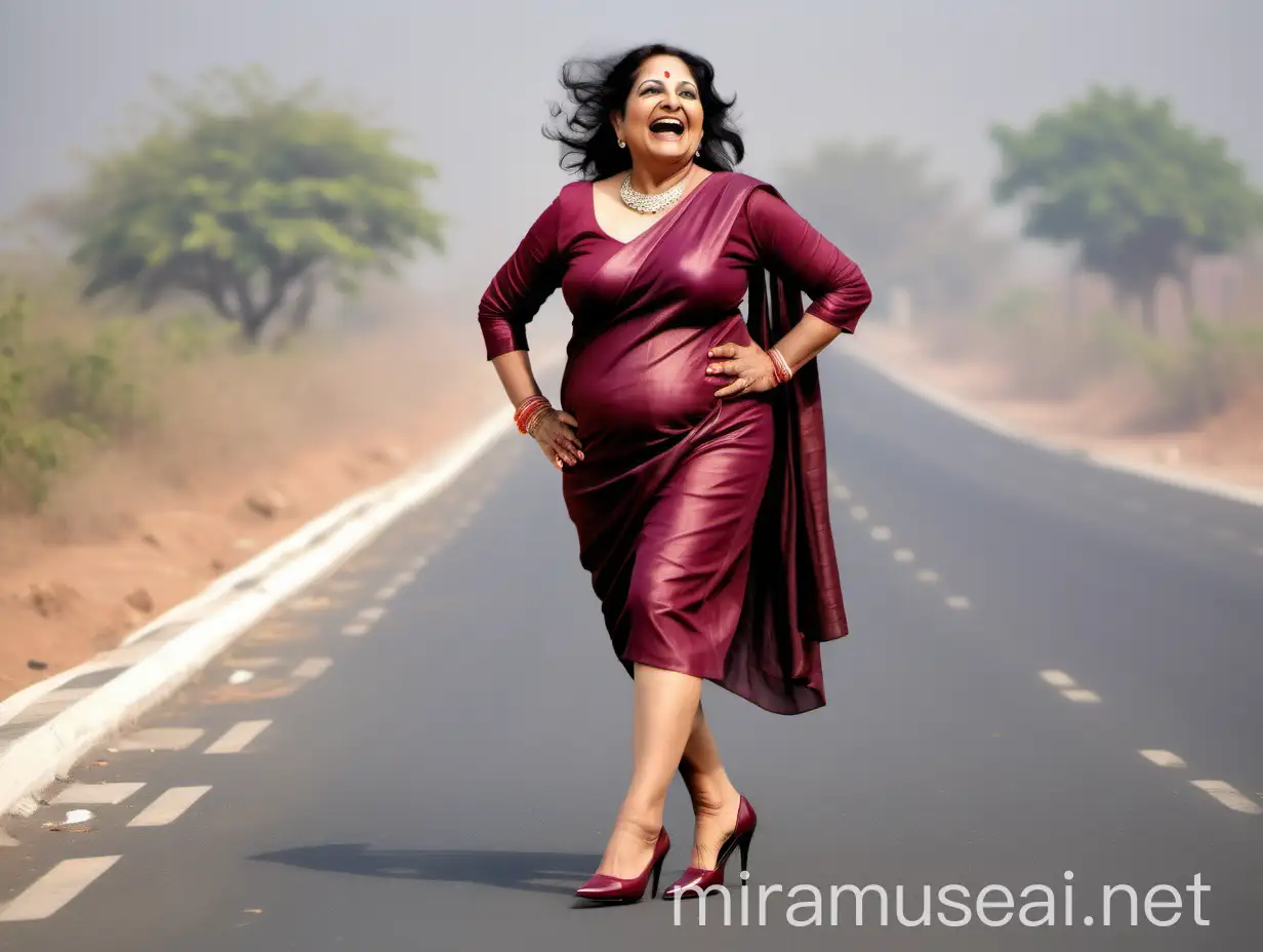 Happy Mature Indian Woman Walking on Highway in High Heels