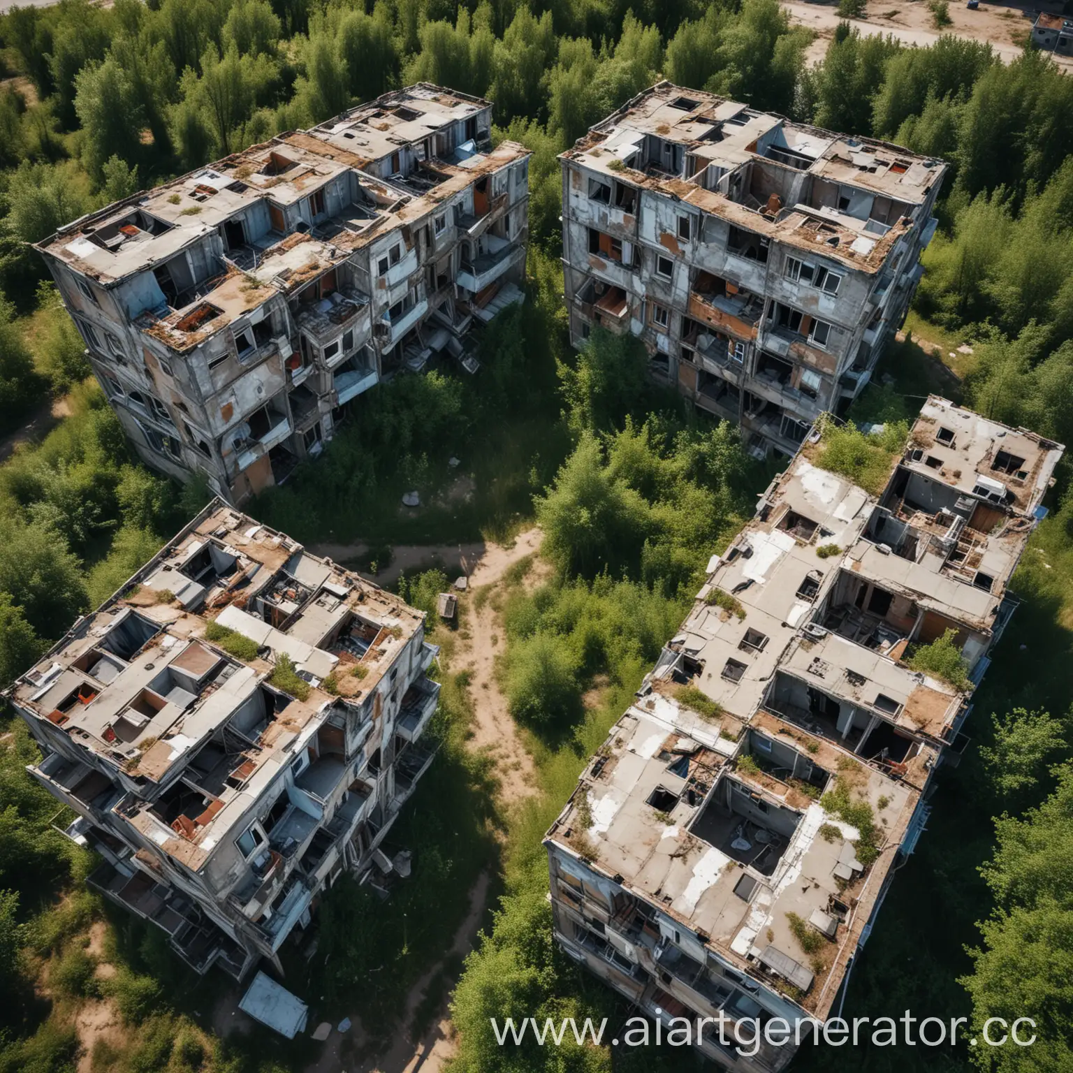 five short multi-storey houses, abandoned houses, abandoned children's camp, summer, bird's eye view, drone view, realistic photo, suspense
