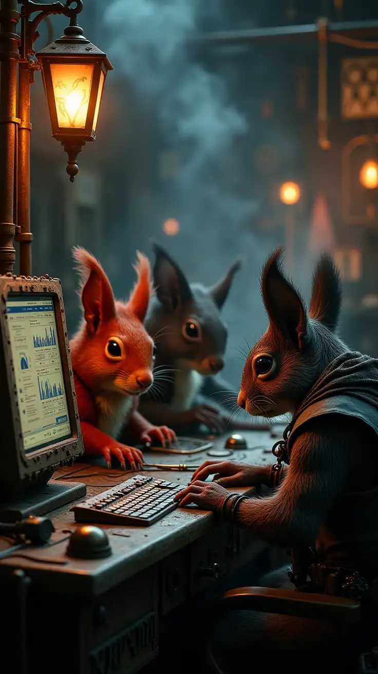 A dark, atmospheric scene of diverse squirrels—fiery red, shadowy black, and metallic silver-gray—working at intricate brass-and-steel workstations. The computers glow faintly, displaying crypto price charts, DeFi metrics, and pulsing blockchain nodes. Dim arcane lanterns cast flickering shadows, illuminating smoky air, gears, and tubing. The squirrels wear tattered, steampunk robes with glowing runes and some cybernetic enhancements, their expressions sharp and focused. The environment is industrial and heavy, infused with dark, mystical energy, as glowing sigils pulse faintly on the walls and magical smoke curls through the air