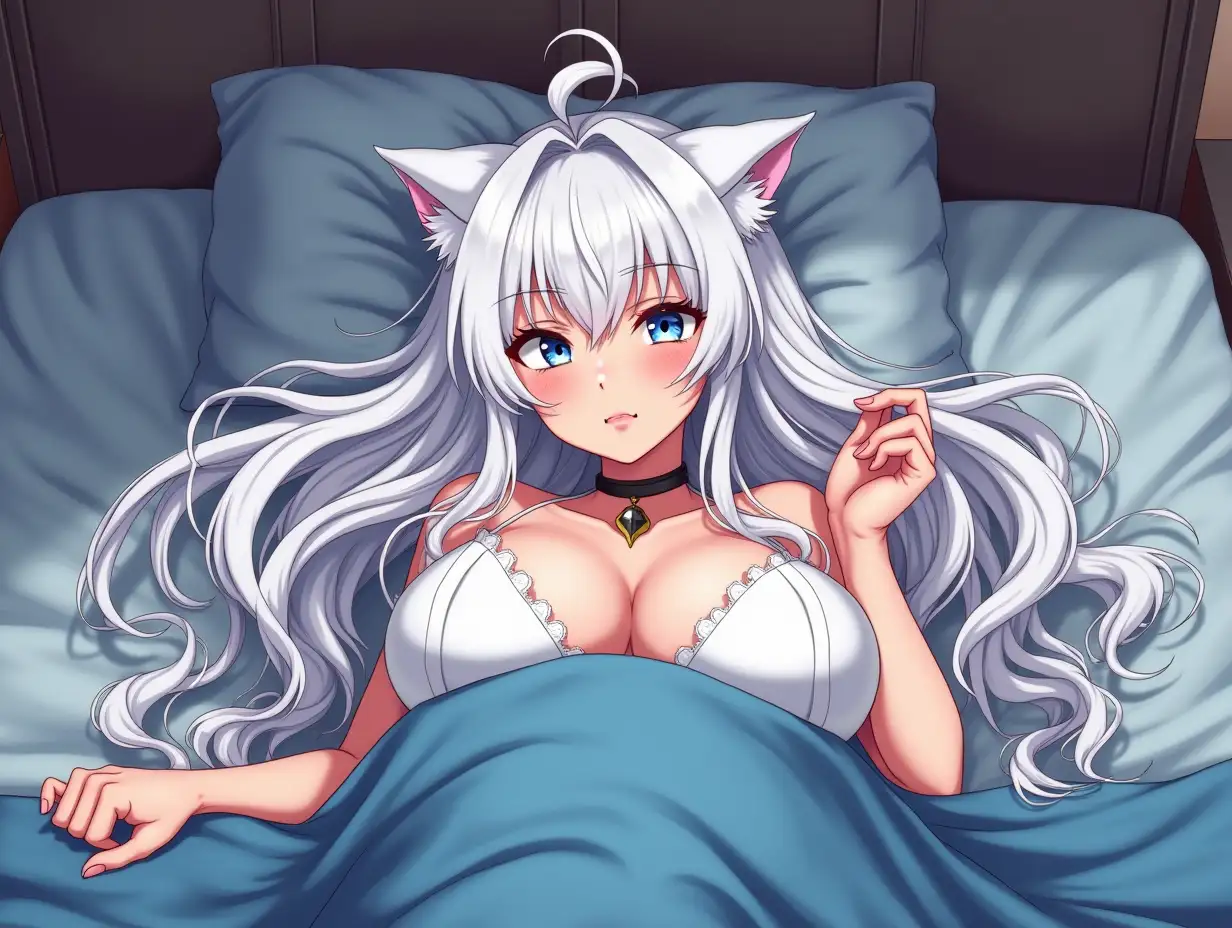 Anime mature adult woman with an hourglass body who looks like she is in her 30's with big breast, extreme cleavage, blue eyes, a choker around her neck, long white hair, and white cat ears on her head with black and gold earrings. She is in her bed knocked out asleep. Her hair is wild and messy as she toss and turn with her blanket covers falling off her and the bed with full body view of her as her feet kick the last of the covers off. She is asleep with both eyes closed.