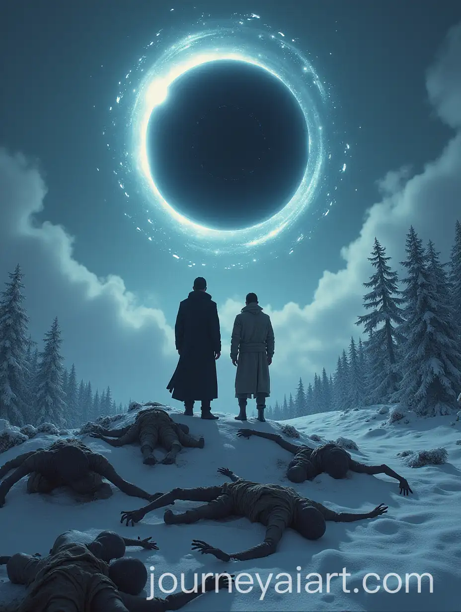 Mysterious-Men-Standing-on-Mountain-of-Corpses-with-Black-Hole-and-Snowy-Forest