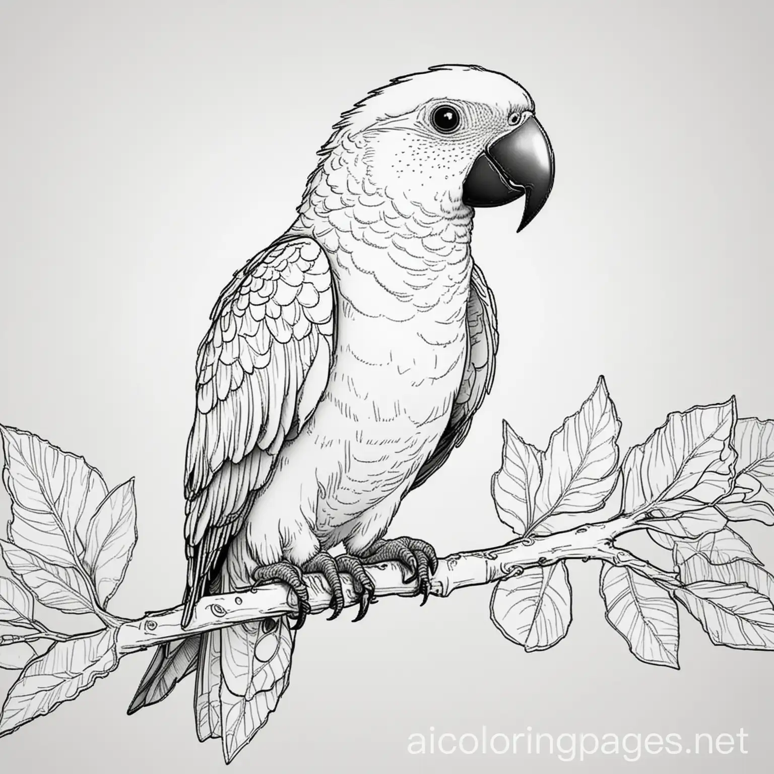 a front view of a parrot, on a branch with leaves, line art,, Coloring Page, black and white, line art, white background, Simplicity, Ample White Space. The background of the coloring page is plain white to make it easy for young children to color within the lines. The outlines of all the subjects are easy to distinguish, making it simple for kids to color without too much difficulty