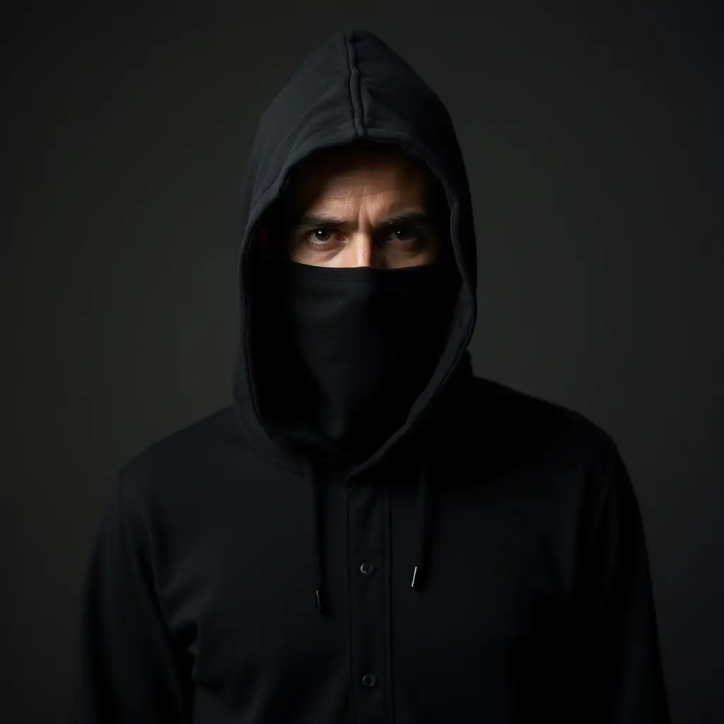 A serious man with costume and black cover photo and face is half hidden