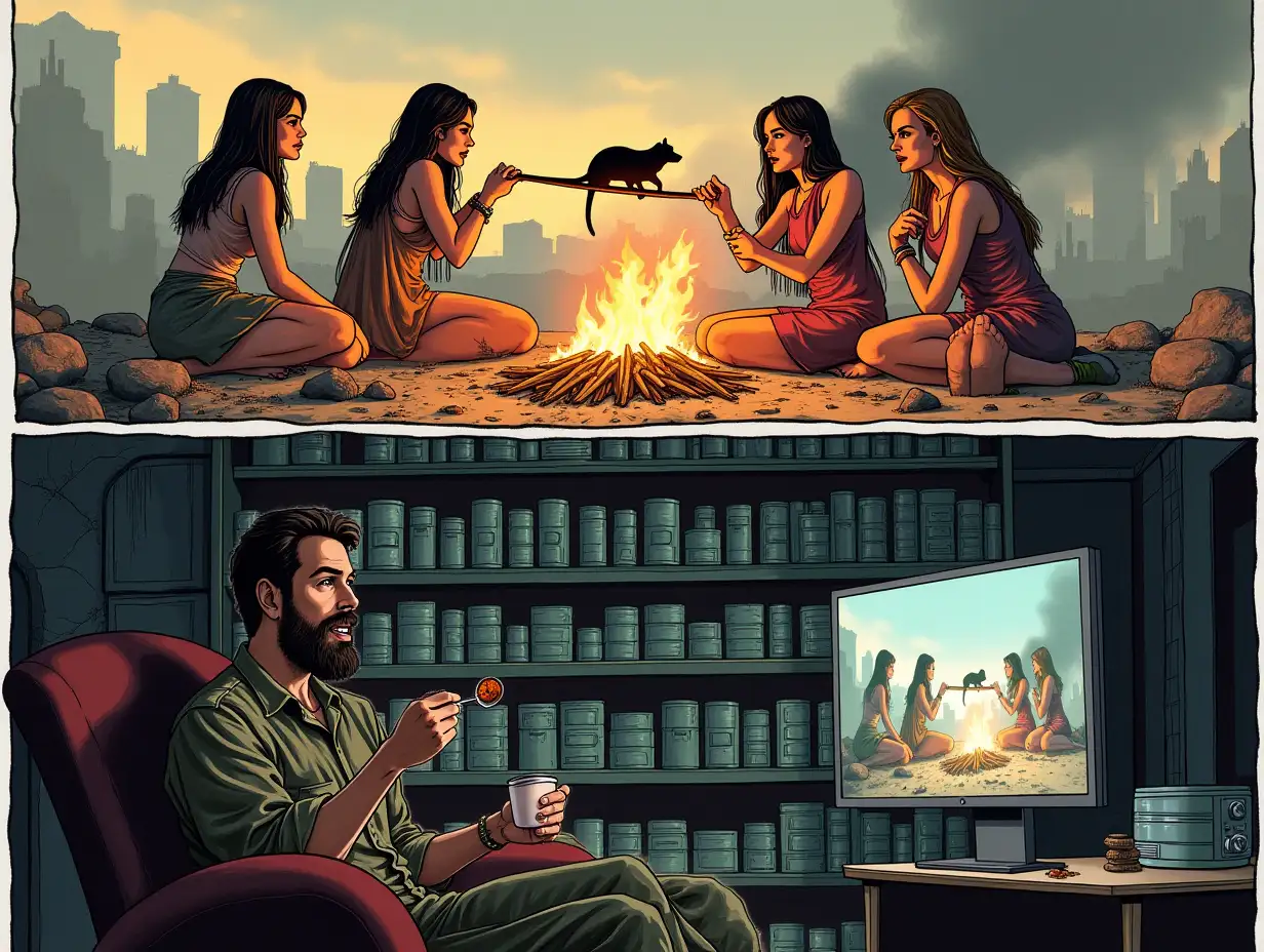 user_prompt: The image is divided into two parts horizontally. At the top, on the ground among ruins, a group of three glamorous women in tattered rags, are roasting a rat on a spit over a fire. Below, from the bunker, a bearded man in camouflage is sitting on a sofa, watching this scene with interest on the monitor screen, eating canned stew with a spoon, with a German shepherd sitting next to him. Along the walls of the bunker are racks with rows of cans of canned food. Funny drawing.