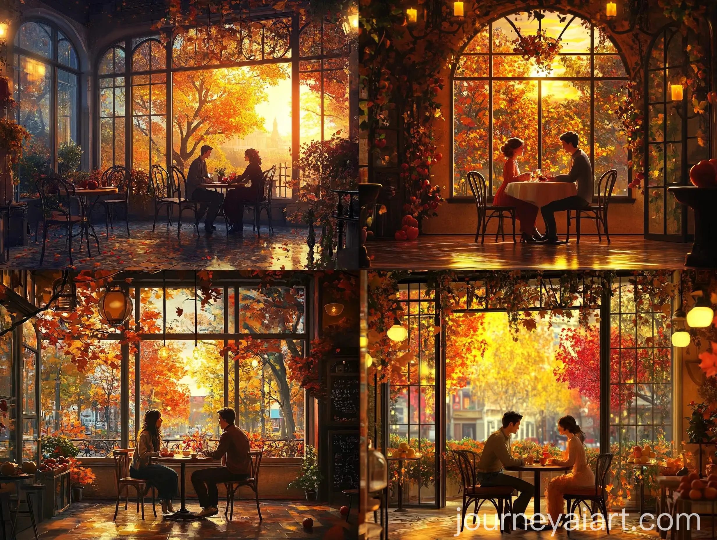 Romantic-Couple-in-Cozy-Vintage-Cafe-at-Dusk-with-Autumn-Views