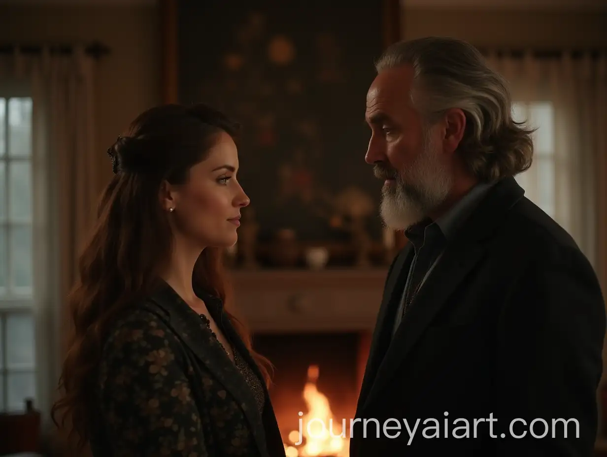 Beautiful-Woman-and-Grey-Bearded-Man-in-Cozy-Room-with-Fireplace