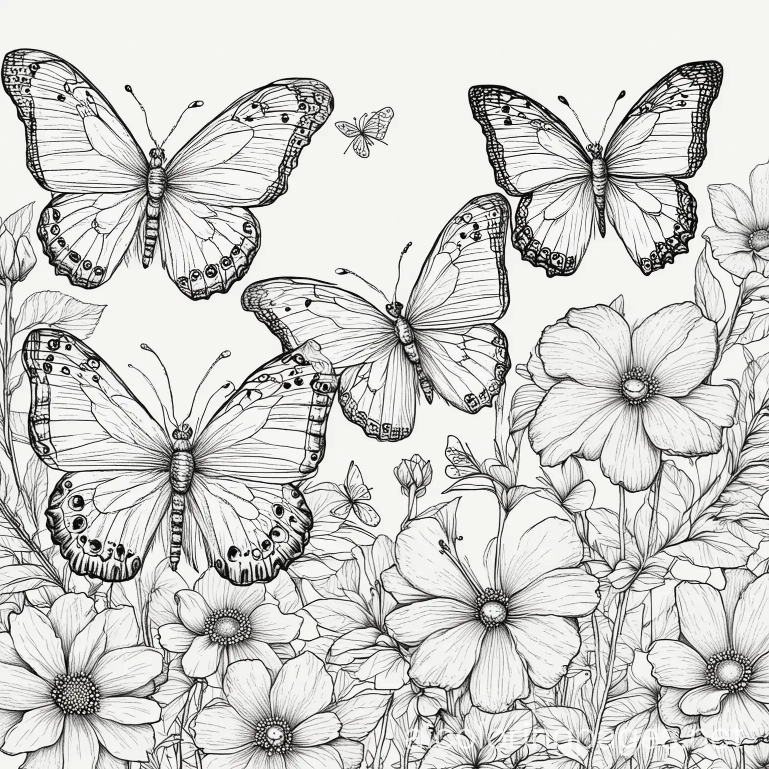 butterflies with flower background, Coloring Page, black and white, line art, white background, Simplicity, Ample White Space. The background of the coloring page is plain white to make it easy for young children to color within the lines. The outlines of all the subjects are easy to distinguish, making it simple for kids to color without too much difficulty