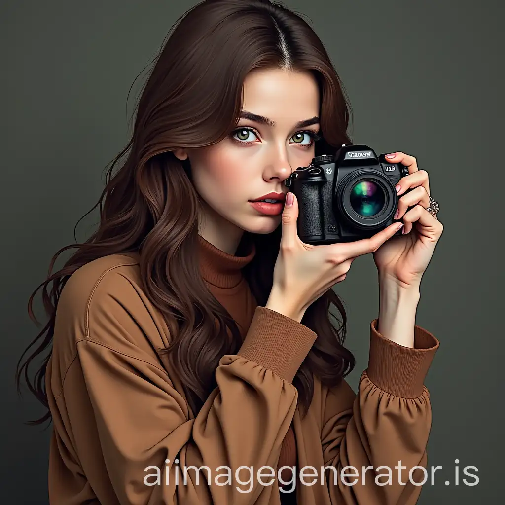 woman brown with camera taking a photo in a photography studio in manga style