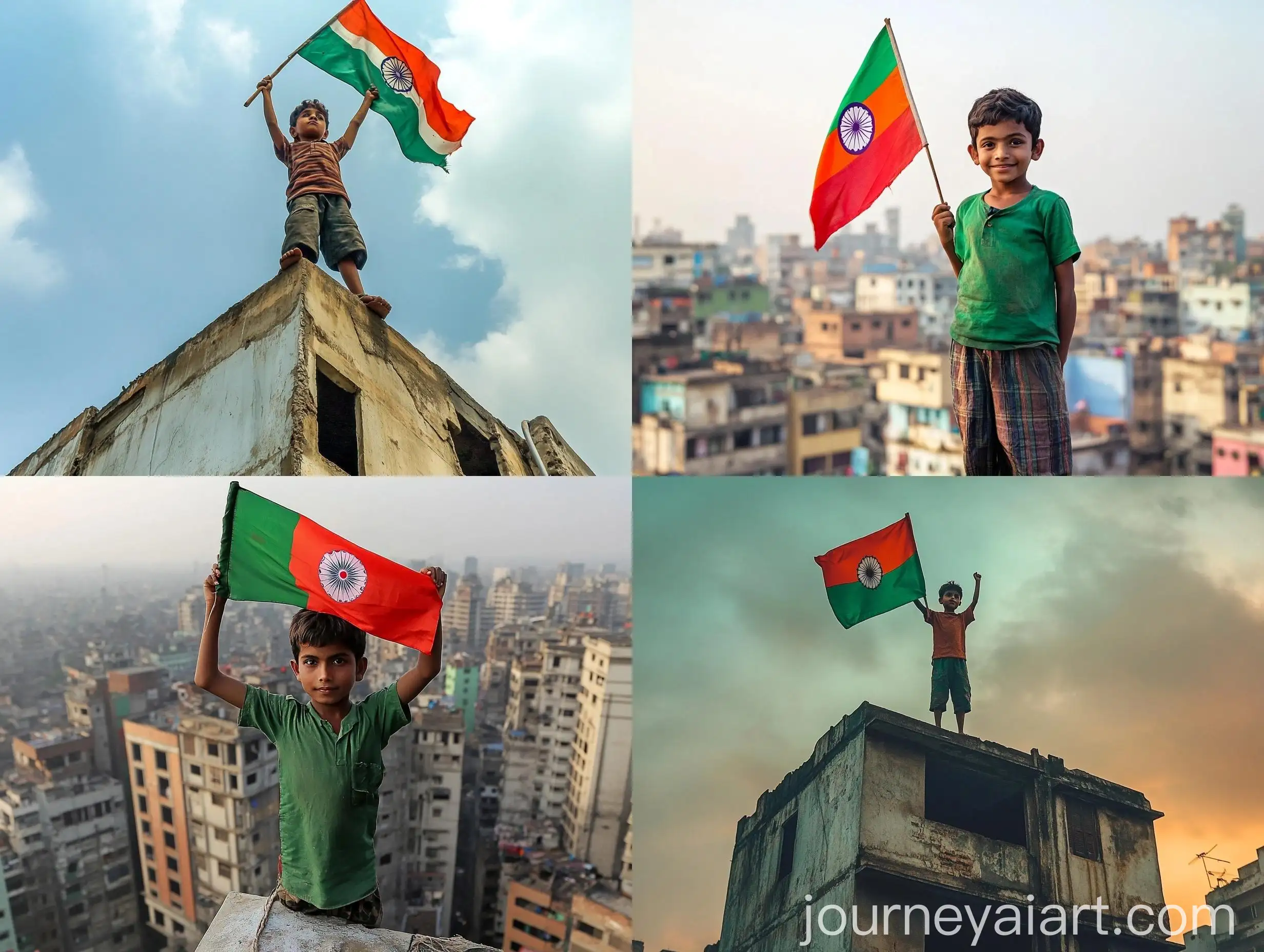 Boy-Holding-Bangladeshi-Flag-atop-Building