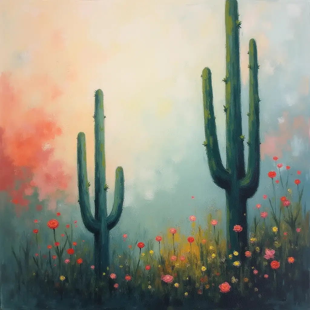 Abstract Oil Painting of Blurry Cactus