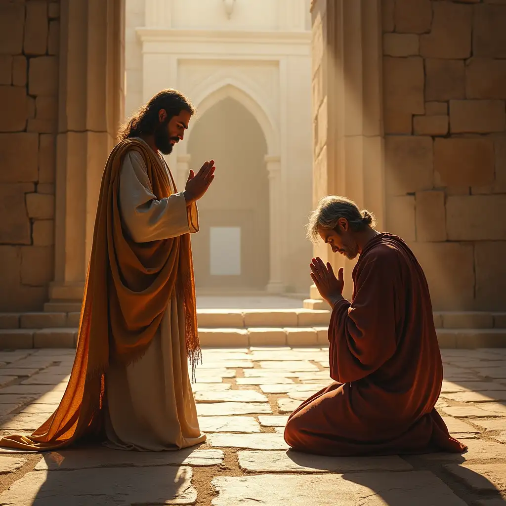 two men from bible day, praying in the temple, one man standing proud, and the other man looking at the ground ashamed.