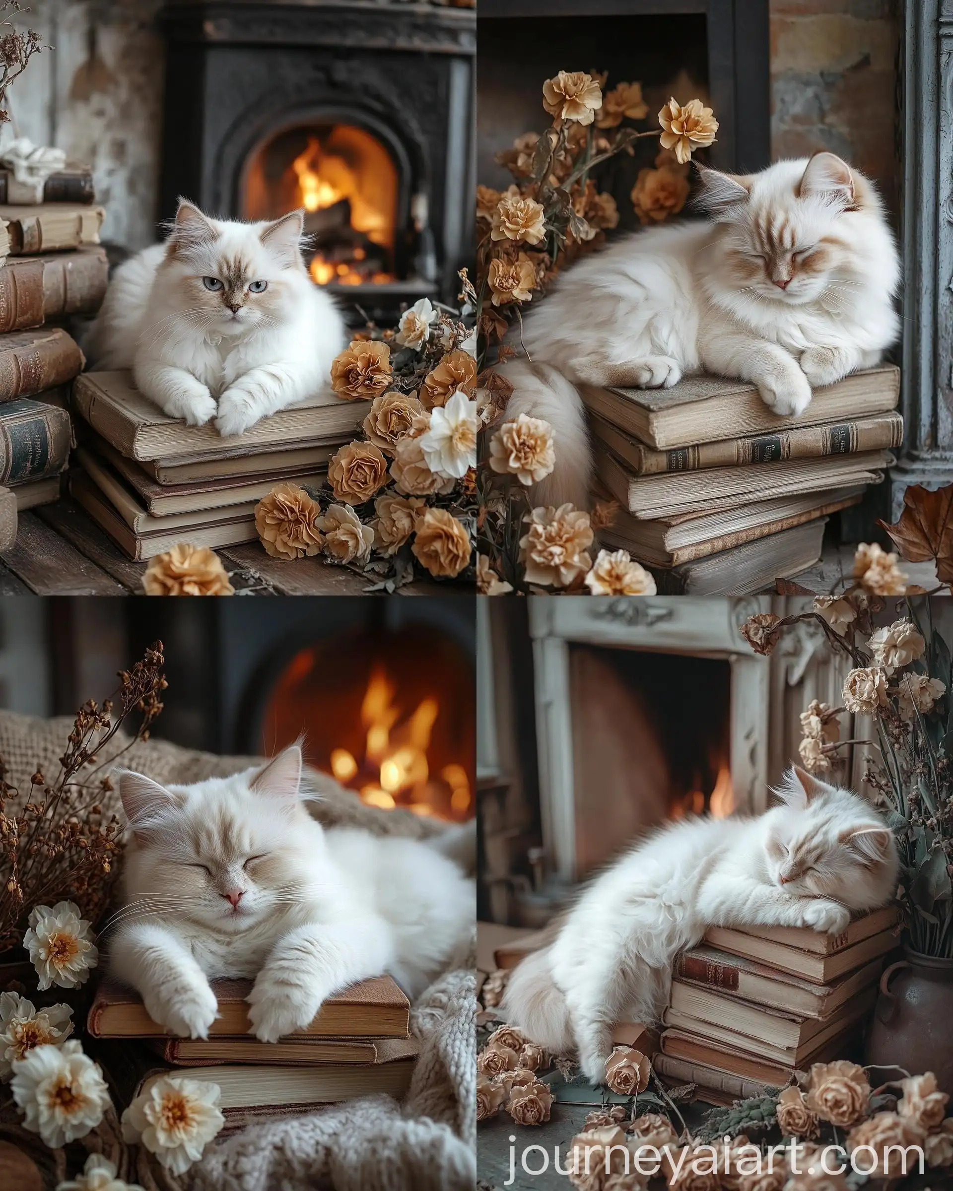 Cozy-Fireplace-Scene-with-Books-Roses-Daffodils-and-a-Himalayan-Kitten