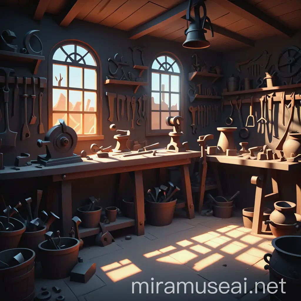 Cartoon Blacksmith Workshop Interior with Window Light