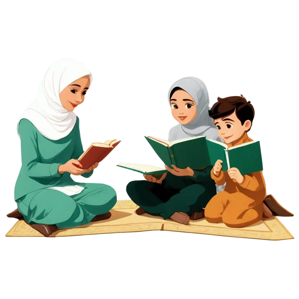 Islamic-Family-Reading-Quran-in-Disney-Cartoon-Style-PNG-Image-for-Cultural-and-Religious-Representation