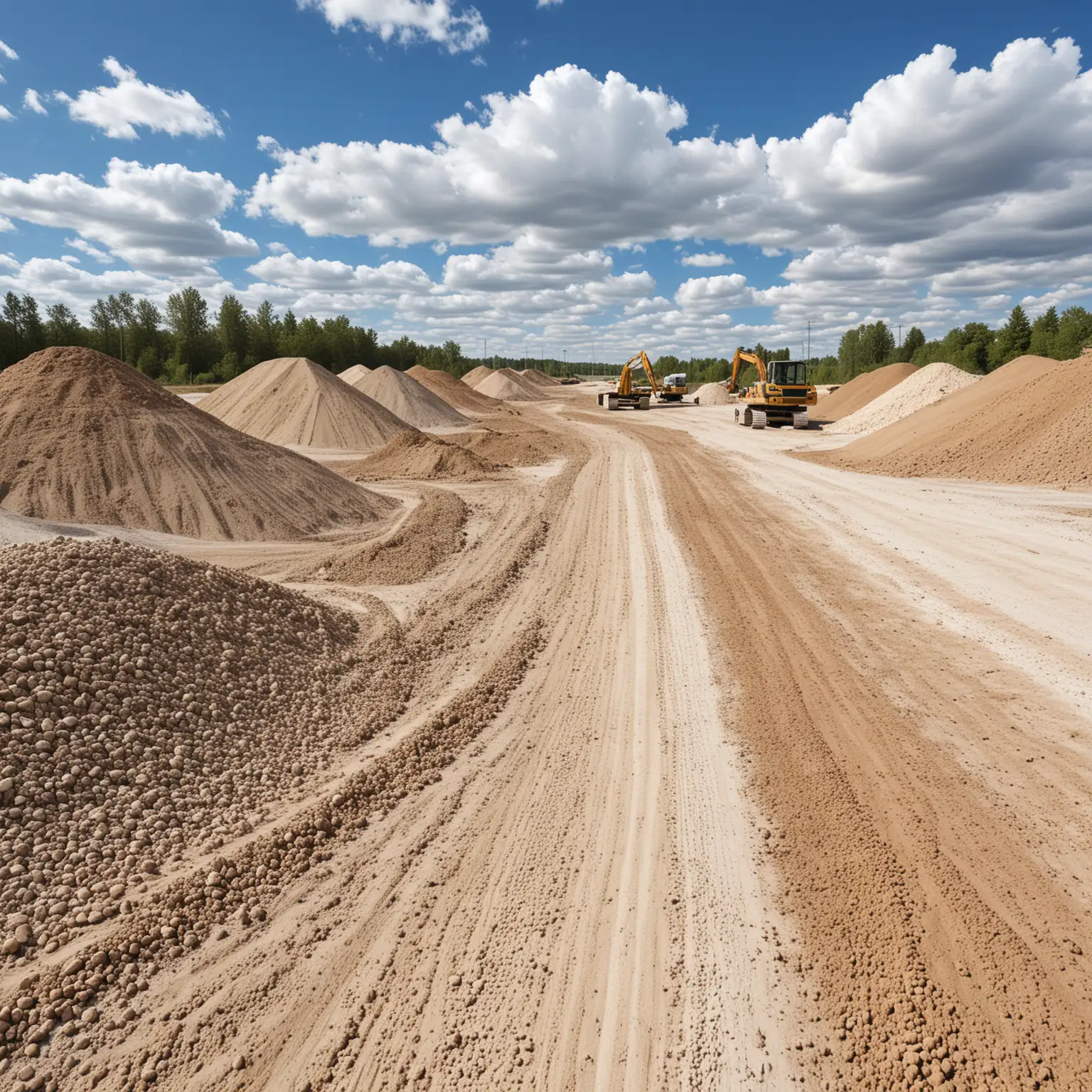 A small scene of a construction site with sandy soil, gravel heads, sand piles, gravel, foliage, roads, bridges, blue sky and white clouds, (extreme composition, high quality,)}