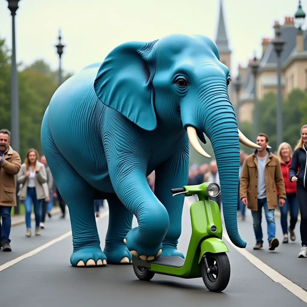 A general view of a large ultra realistic blue painted elephant driving a small green electric scooter and small along a big avenue. In the background people looking surprised with open mouths and others smiling. Ultra realistic image