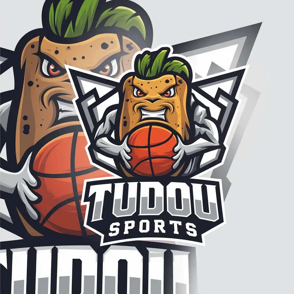 a vector logo design,with the text "Tudou sports", main symbol:ferocious potatoes basketball sports,complex,be used in Retail industry,clear background