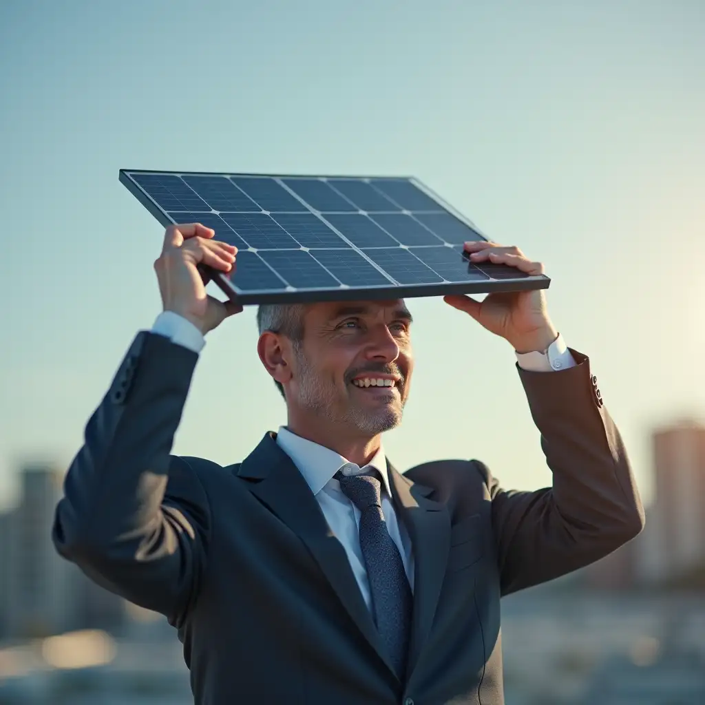 ultra realistic image of a businessman holding solar panel on his head