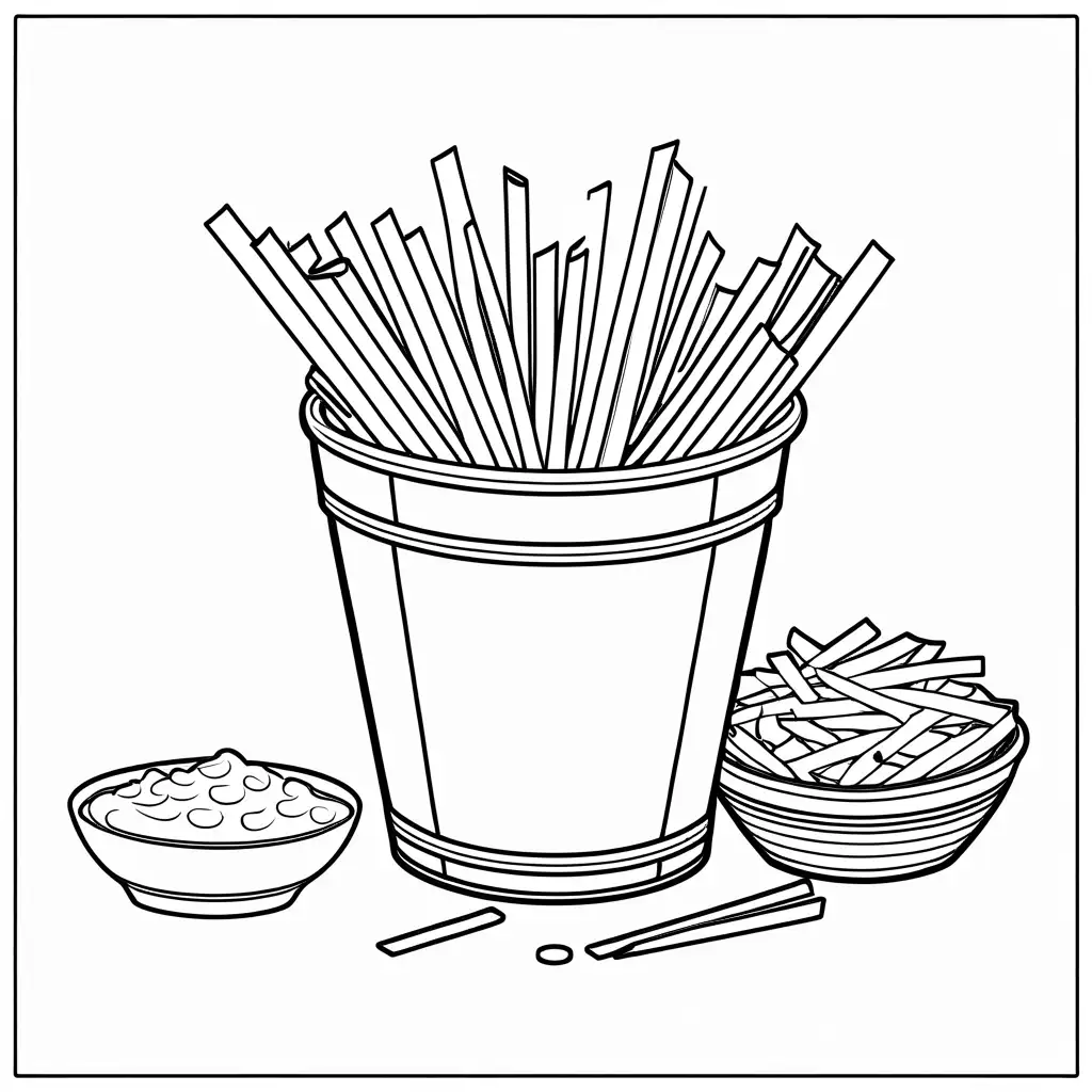 Tasty and crispy French fries in a bucket box with sauce bowl aside, Coloring Page, black and white, line art, white background, Simplicity, Ample White Space. The background of the coloring page is plain white to make it easy for young children to color within the lines. The outlines of all the subjects are easy to distinguish, making it simple for kids to color without too much difficulty, Coloring Page, black and white, line art, white background, Simplicity, Ample White Space. The background of the coloring page is plain white to make it easy for young children to color within the lines. The outlines of all the subjects are easy to distinguish, making it simple for kids to color without too much difficulty