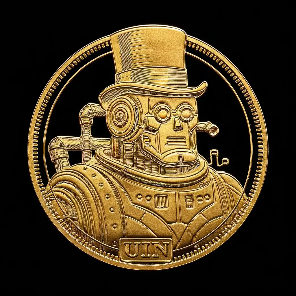 black background, gold coin with drawing of robot Uin