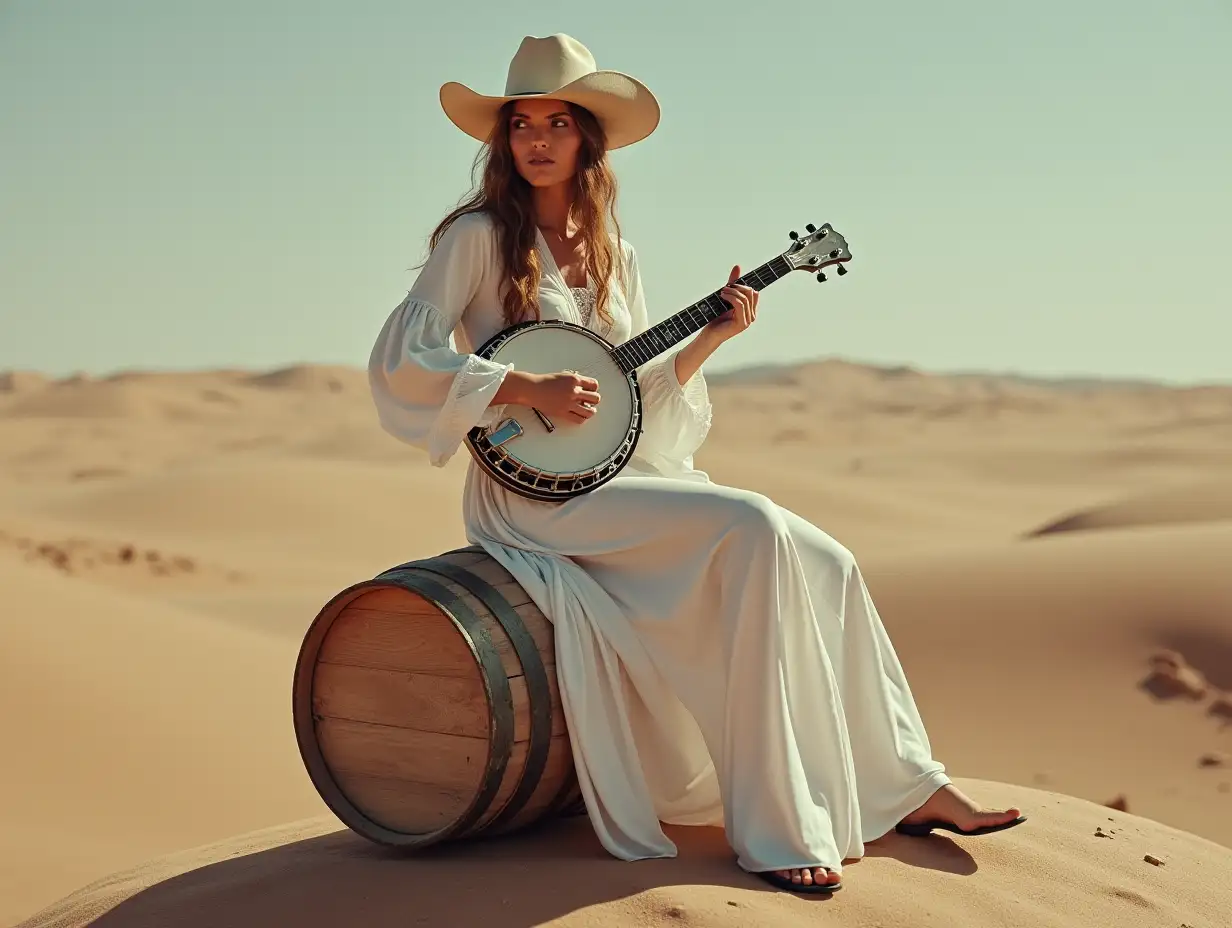 Realistic image of a woman in a cowboy hat, dressed in white satin, sitting on a small wooden barrel upside down , playing banjo, from the far western desert