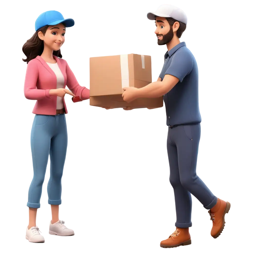 CartoonishPNG-Image-Usage-Scenarios-3D-PNG-Image-of-Delivery-Guy-Giving-Parcel-to-Woman-Perfect-for-Digital-Use