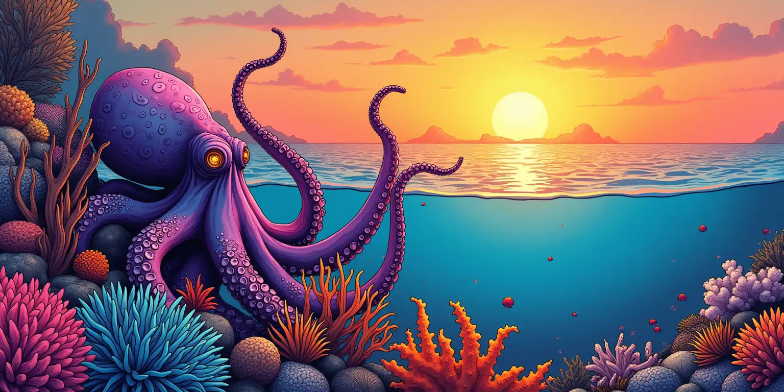 surreal line drawing in the style of salvador dali in a gradients of natural colors small, happy anatomically correct octopus  on one side of the image and 30% height of total height of the image in a colorful undersea coral reef at sunset