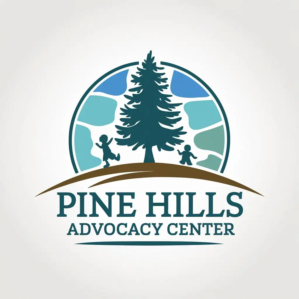 LOGO Design For Pine Hills Advocacy Center Pine Tree with Children Playing in Blue and Teal